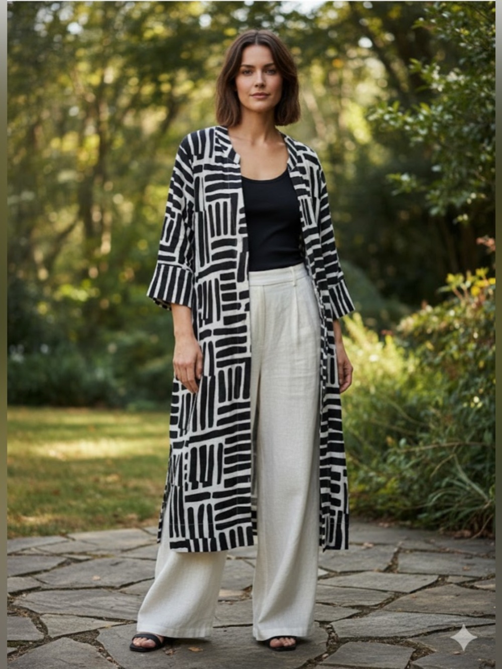 Foil 100% Linen Abstract Geometric Print Longline Duster Coat Black White